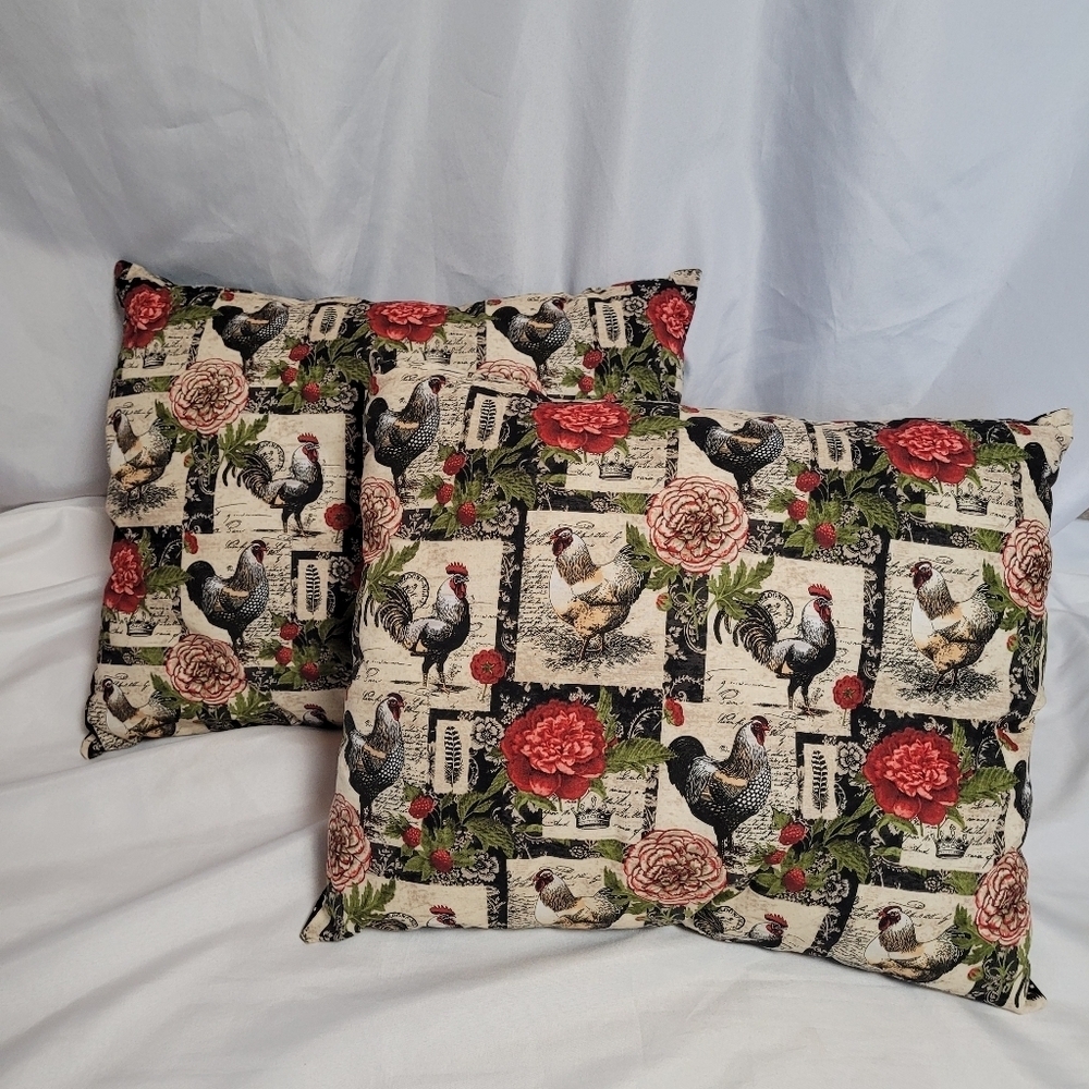 Country Chic Chicken Floral Decorative Throw Pillow Set Handmade